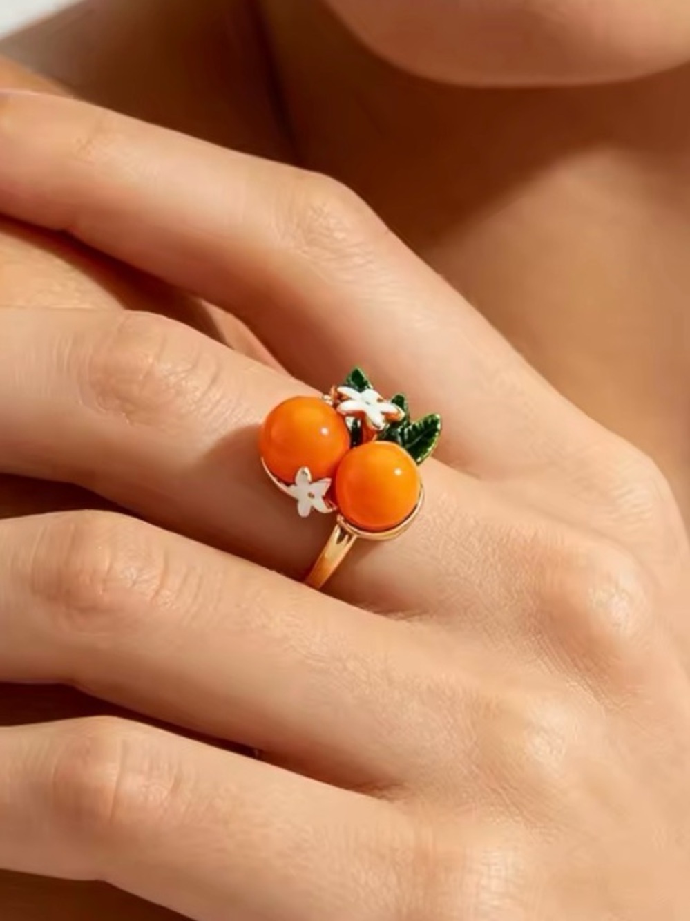 Orange Enamel Fruit Ring with Green Leaf Accents